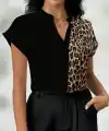 Kadın Kısa Kollu V Hakim Yakalı Leopar Desenli Sandy Bluza
