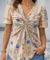 Kadın Kısa Kollu V Sarmal Yakalı çiçek Desenli Süprem Bluz