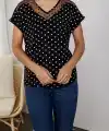 Kadın Kısa Kollu V Yaka Puantiyeli Krep Bluz