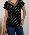 Kadın Kısa Kollu V Yaka Puantiyeli Krep Bluz