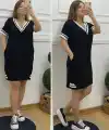 Kadın Kısa Kollu V Yaka Ribana Detaylı Cepli Dizüstü Viskon Elbise