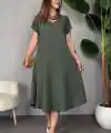 Kadın Kısa Kollu V Yaka Salaş Maxi Boy Elbise