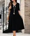 Kadın Kısa Kollu V Yakalı Cep Detaylı Midi Viskon Elbise