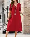 Kadın Kısa Kollu V Yakalı Cep Detaylı Midi Viskon Elbise