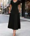 Kadın Kısa Kollu V Yakalı Cepli Midi Viskon Elbise