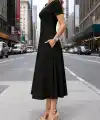 Kadın Kısa Kollu V Yakalı Cepli Midi Viskon Elbise