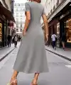 Kadın Kısa Kollu V Yakalı Cepli Midi Viskon Elbise