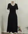 Kadın Kısa Kollu V Yakalı Cepli Midi Viskon Elbise