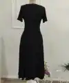 Kadın Kısa Kollu V Yakalı Cepli Midi Viskon Elbise