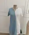 Kadın Kısa Kollu V Yakalı çift Renklç Kısa Lazer Kesim çiçek Detaylı Ithal Krep Elbise