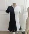 Kadın Kısa Kollu V Yakalı çift Renklç Kısa Lazer Kesim çiçek Detaylı Ithal Krep Elbise
