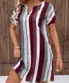 Kadın Kısa Kollu V Yakalı çizgi Baskılı Süprem Elbise