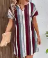 Kadın Kısa Kollu V Yakalı çizgi Baskılı Süprem Elbise