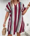 Kadın Kısa Kollu V Yakalı çizgi Baskılı Süprem Elbise