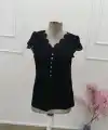 Kadın Kısa Kollu V Yakalı Dantelli önden Düğmeli Viskon Bluz