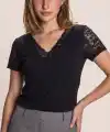 Kadın Kısa Kollu V Yakalı Dantelli Viskon Bluz