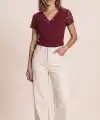 Kadın Kısa Kollu V Yakalı Dantelli Viskon Bluz