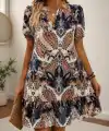 Kadın Kısa Kollu V Yakalı Desenli Kısa Süprem Elbise