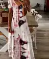 Kadın Kısa Kollu V Yakalı Desenli Uzun Süprem Elbise