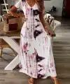 Kadın Kısa Kollu V Yakalı Desenli Uzun Süprem Elbise
