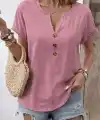 Kadın Kısa Kollu V Yakalı Düğmeli Aerobin Bluz