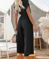 Kadın Kısa Kollu V Yakalı Düğmeli Kuşaklı Cep Detaylı Uzun Tulum