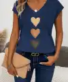 Kadın Kısa Kollu V Yakalı Kalp Desen Viskon Bluz
