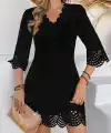 Kadın Kısa Kollu V Yakalı Lazer Kesim çiçek Desenli Kısa Ithal Krep Elbise