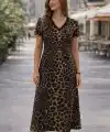 Kadın Kısa Kollu V Yakalı Leopar Desenli Kısa Süprem Elbise