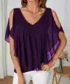 Kadın Kısa Kollu V Yakalı Omuzlardan Açık Salaş şifon Bluz