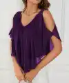 Kadın Kısa Kollu V Yakalı Omuzlardan Açık Salaş şifon Bluz