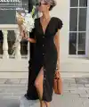 Kadın Kısa Kollu V Yakalı önden Düğmeli Bürümcük Midi Elbise