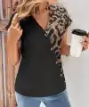 Kadın Kısa Kollu V Yakalı önden Düğmeli Leopar Desen Detaylı Viskon Bluz