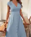 Kadın Kısa Kollu V Yakalı önden Düğmeli Midi Dokuma Viskon Elbise