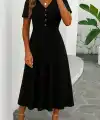 Kadın Kısa Kollu V Yakalı önden Düğmeli Yırtmaçlı Midi Viskon Elbise