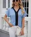 Kadın Kısa Kollu V Yakalı önden şerit Detaylı Sandy Bluz