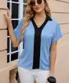 Kadın Kısa Kollu V Yakalı önden şerit Detaylı Sandy Bluz