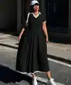 Kadın Kısa Kollu V Yakalı Pileli Uzun Janjan Krep Elbise