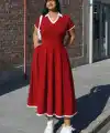 Kadın Kısa Kollu V Yakalı Pileli Uzun Janjan Krep Elbise