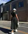 Kadın Kısa Kollu V Yakalı Pileli Uzun Janjan Krep Elbise