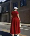 Kadın Kısa Kollu V Yakalı Pileli Uzun Janjan Krep Elbise