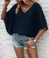 Kadın Kısa Kollu V Yakalı Salaş Viskon Bluz