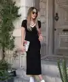 Kadın Kısa Kollu V Yakalı Yandan şerit Ve Yırtmaçlı Viskon Uzun Elbise