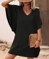 Kadın Kısa Kollu V Yakalı Yanları Volanlı Kısa Ithal Krep Elbise