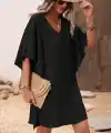 Kadın Kısa Kollu V Yakalı Yanları Volanlı Kısa Ithal Krep Elbise