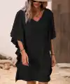 Kadın Kısa Kollu V Yakalı Yanları Volanlı Kısa Ithal Krep Elbise
