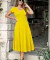 Kadın Kısa Kollu V Yakalı Yırtmaçlı Midi Viskon Elbise