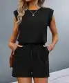 Kadın Kısa Kollu Vatkalı Belden Bağcıklı Kısa Viskon Tulum