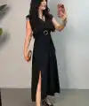 Kadın Kısa Kollu Vatkalı önden Tokalı Yandan Yırtmaçlı Uzun Ithal Krep Elbise