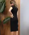 Kadın Kısa Kollu Yakadan Ve Eteği Fermuarlı Viskon Iki Iplik Midi Elbise